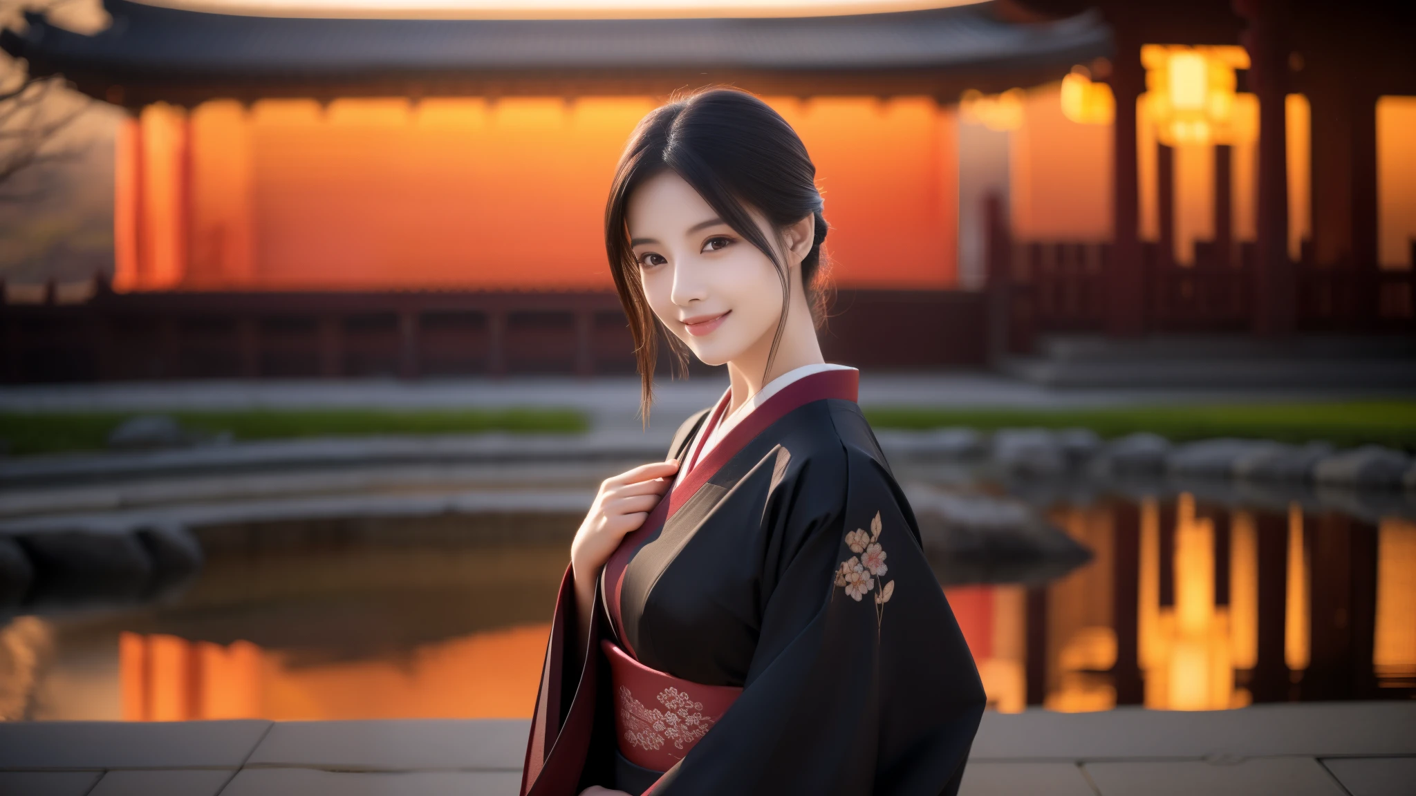 Deep red undertones、Elegant smile、Highest quality、4K、detailed high resolution、Historical temple background、Realistic photo style、Healthy body shape、Beautiful Eyes、Flowing jet black hair、Gorgeous coloured kimono、Calm expression、Warm lighting、Old-fashioned Japanese art style、Rich colors、Serene atmosphere、Detailed Features、Elegant standing posture、Landscape dyed in the sunset