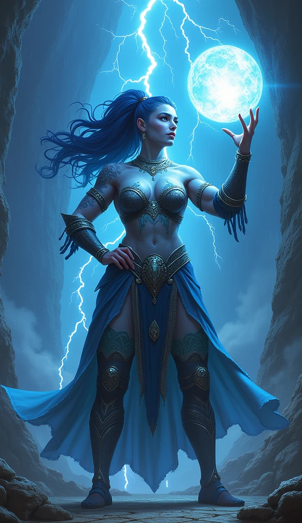 Aletta Ocean, angry evil beautiful and muscular, Nordic female, towering storm Giantess with blue black hair in a ponytail, older and mature woman, throwing a lightning ball, celtic glowing tattoos, wearing silver nordic steel runic plate mail Armour , temple cave background with lightning storm, glowing blue eyes, square jaw, powerful and imposing, winter clothing, pale blue purple skin, ((full plate silver celtic dragon armour)), nordic tattoos with bodybuilder physique
