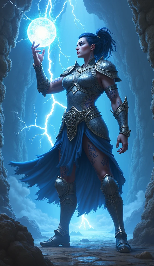 Aletta Ocean, angry evil beautiful and muscular, Nordic female, towering storm Giantess with blue black hair in a ponytail, older and mature woman, throwing a lightning ball, celtic glowing tattoos, wearing silver nordic steel runic plate mail Armour , temple cave background with lightning storm, glowing blue eyes, square jaw, powerful and imposing, winter clothing, pale blue purple skin, ((full plate silver celtic dragon armour)), nordic tattoos with bodybuilder physique 