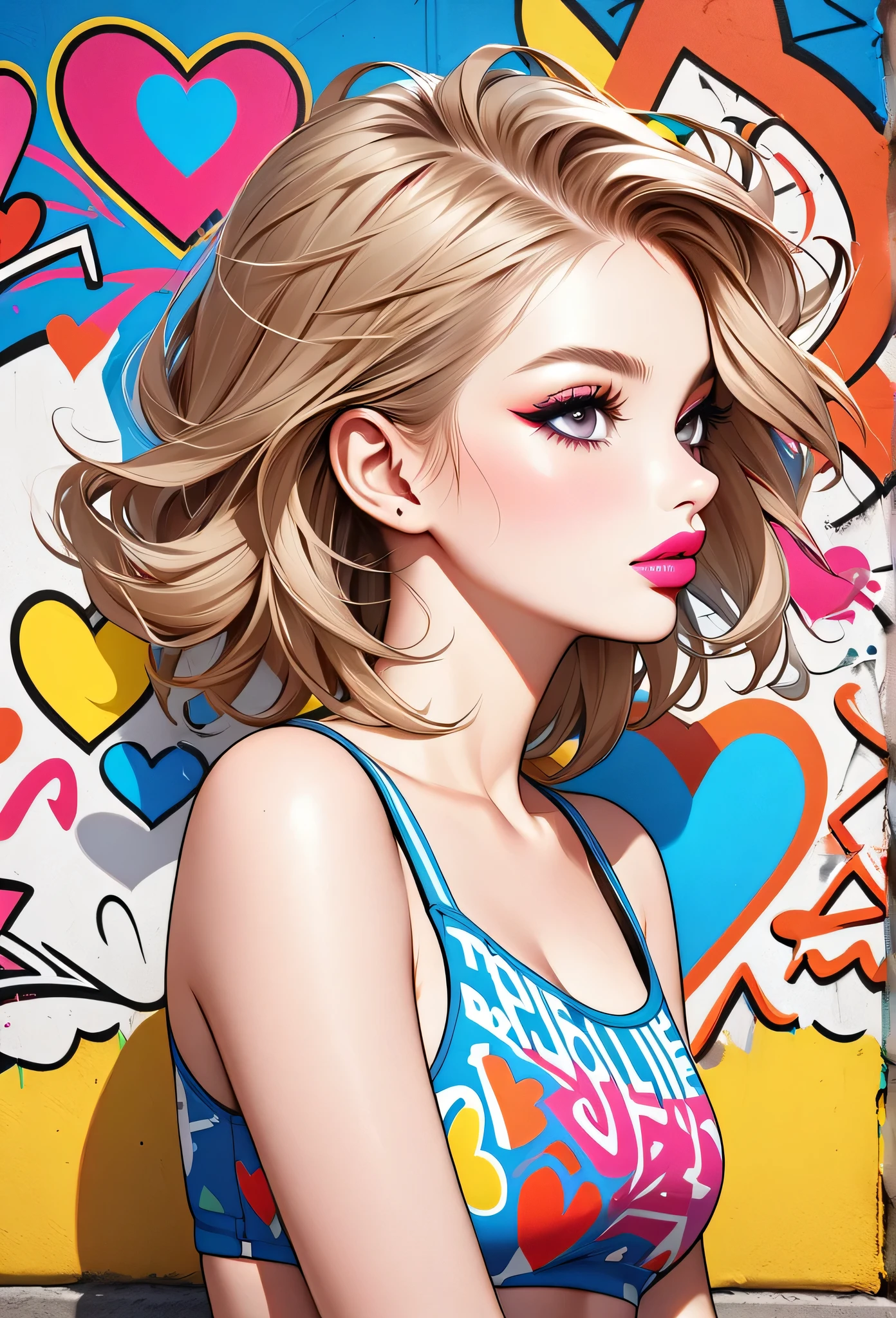Ultra-realism Keith Haring colorful style, Simple Line Initialism,Abstract art,(((The most beautiful girl of all time))), Sweet face. Lips in love, colorful hearts, stylish design, Summer beach fashion, Dark Eyes, Graffiti on the wall
