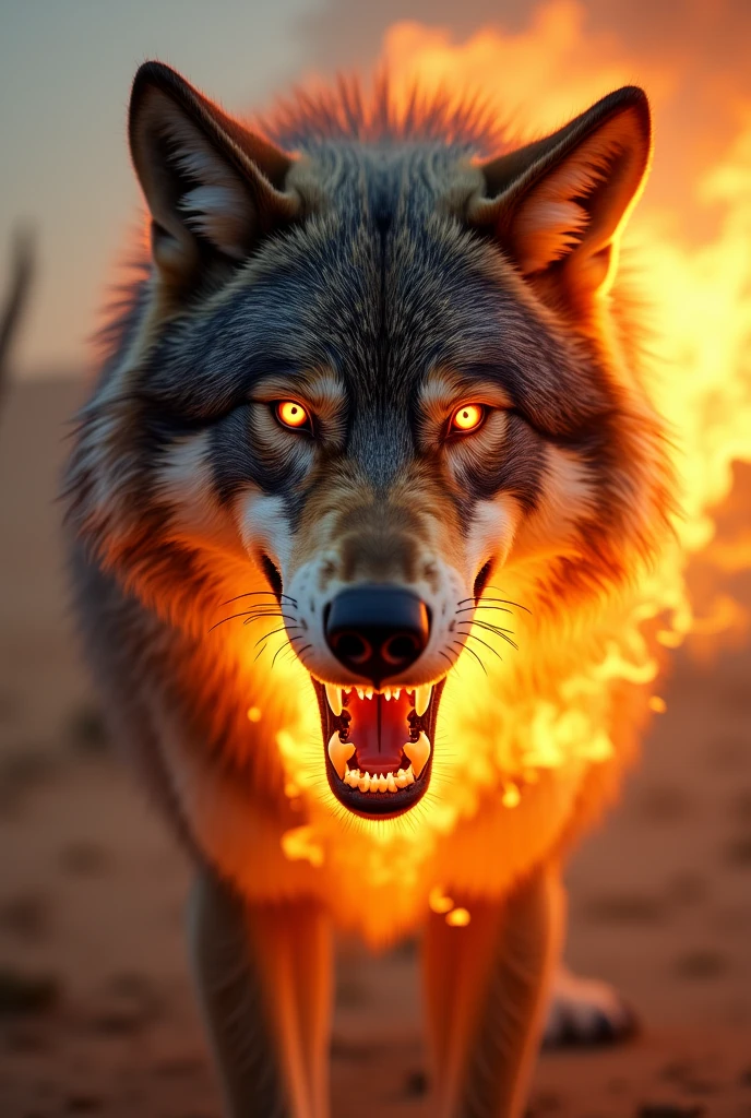 Gray wolf face on fire in the desert