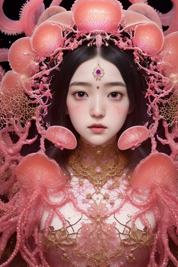 photo RAW, (Black and pink : Portrait of a ghostly jellyfish, shiny aura, highly detailed, gold filigree, intricate motifs, organic tracery, by Android jones, Januz Miralles, Hikari Shimoda, glowing stardust by W. Zelmer, perfect composition, smooth, sharp focus, sparkling particles, lively coral reef background Realistic, realism, hd, 35mm photograph, 8k), masterpiece, award winning photography, natural light, perfect composition, high detail, hyper realistic