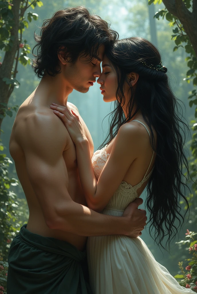 Threesome, two young beautiful man from fantasy world and beutiful young woman with jet black hair
