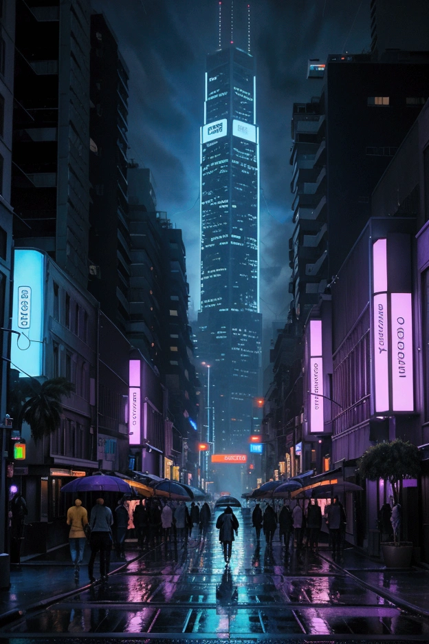 Oil painting of a futuristic street, where we see tall building glowing in neon purple and blue lighting, and on the street we see bill boards glowing, people walking on the street, palm trees in the walk way, its midnight, raining. realistic