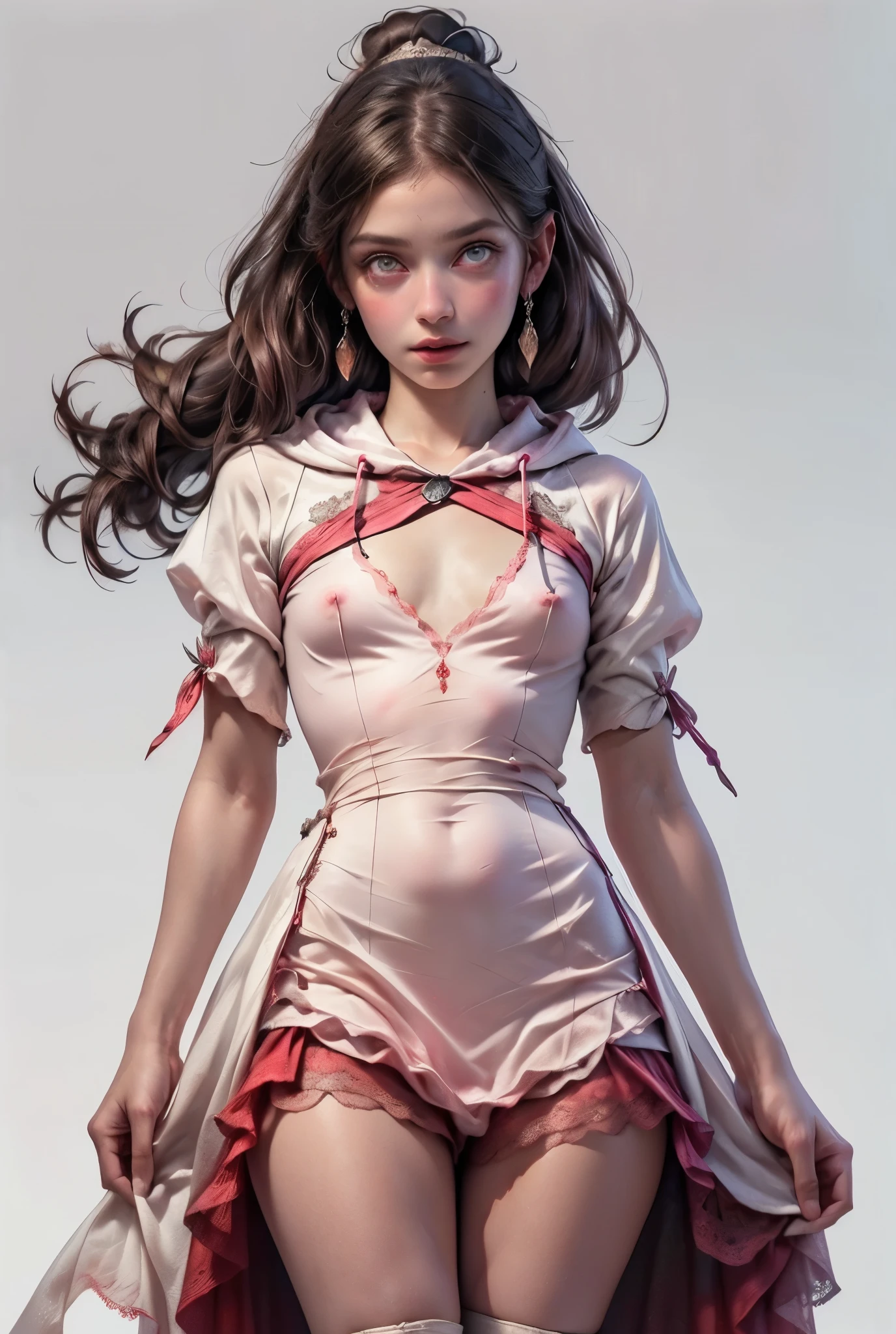 ((best quality)), ((masterpiece)), (detailed), perfect face (((masterpiece, of the highest quality, super detailed))), hand drawn style, hand painted style, watercolour, sketch, a knight, white background, plain background, Bloodborne inspired, tatty Bloodborne attire, occult aesthetic, occult, tatty red and white clothing detailed and intricate steampunk and detailed gothic ta (with a hood), long coat, Complex laced boots, Fluttering lace flared long knee length dress with frilly petticoats, long dress, knee length dress, pleated petticoats, loliress, petticoats gothic lolita aetic, beautiful small breasts, (((flat chest:1.1))), (((( Highly detailed face))), small thin nose, Small thin lips mouth, (((Very sharp focused eyes))), Very large slit precision pale grey eyes that shine like jewels. (lowered gaze, looking slightly downwards, looking down), (resolved expression), (resolute expression), ((dark hair)), ((long ponytail, thick ponytail, heavy ponytail)), very long eyelashes, white background, Very dramatic and cinematic lighting, tatty damaged old red and white clothing, full body, whole body, body, ((NSFW))