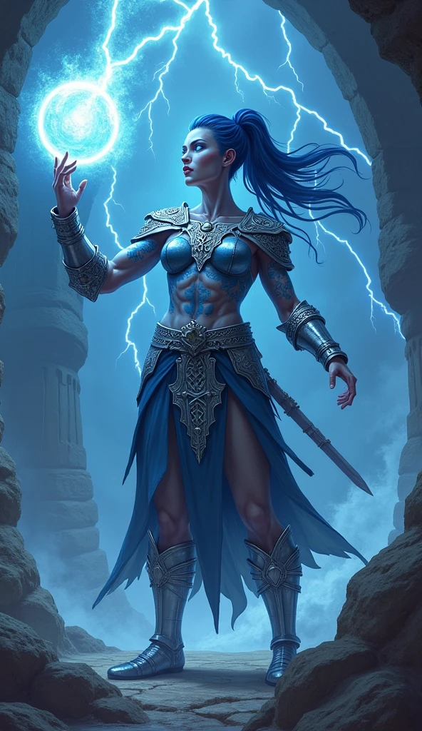 Aletta Ocean, angry evil beautiful and muscular, Nordic female, towering storm Giantess with blue black hair in a ponytail, older and mature woman, throwing a lightning ball, celtic glowing tattoos, wearing silver nordic steel runic plate mail Armour , temple cave background with lightning storm, glowing blue eyes, square jaw, powerful and imposing, winter clothing, pale blue purple skin, ((full plate silver celtic dragon armour)), nordic tattoos with bodybuilder physique