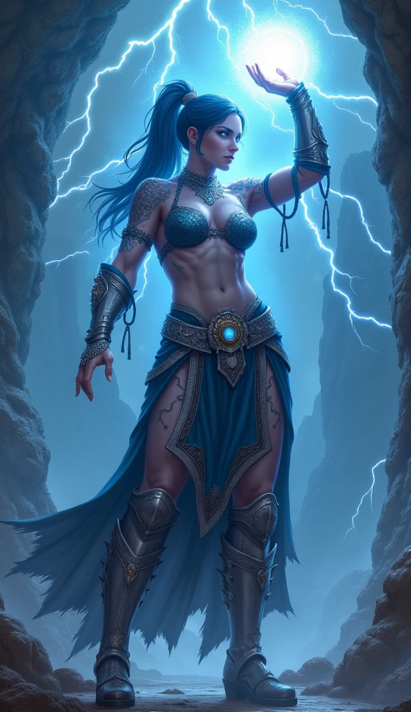 Aletta Ocean, angry evil beautiful and muscular, Nordic female, towering storm Giantess with blue black hair in a ponytail, older and mature woman, throwing a lightning ball, celtic glowing tattoos, wearing silver nordic steel runic plate mail Armour , temple cave background with lightning storm, glowing blue eyes, square jaw, powerful and imposing, winter clothing, pale blue purple skin, ((full plate silver celtic dragon armour)), nordic tattoos with bodybuilder physique