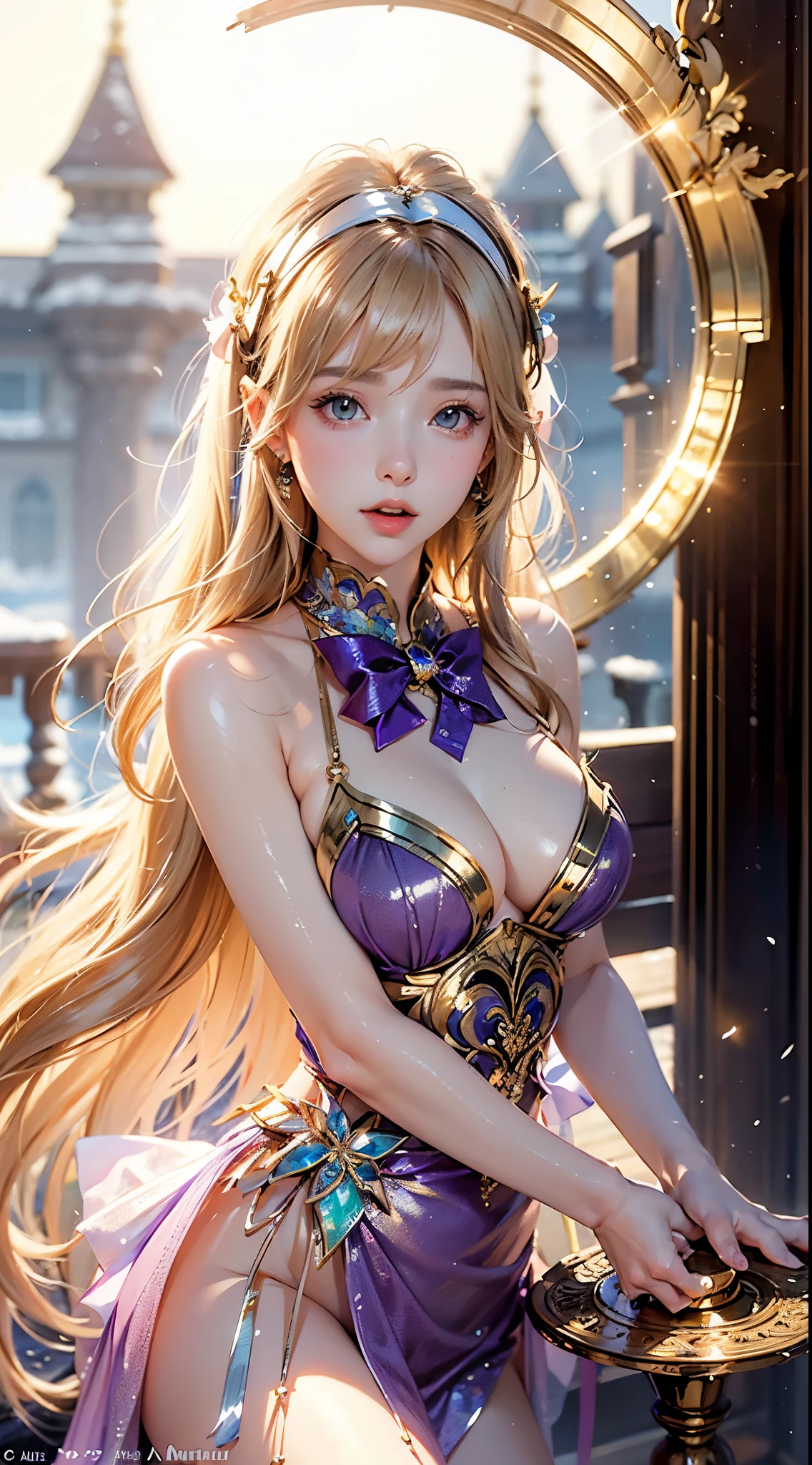 masterpiece, Highest quality, Highly detailed CG Unity 8k wallpaper,((Upper Body)) ,((Upper Body head close-up shot of a beautiful little girl)), , Elegant long straight blonde hair, (Mckenna Grace), ((Flat Chest,Thighs,Self-illuminating skin)),transparent (Purple green) Golden (Sparkly tutu,long rabbit ears headgear, , bow tie, No pants, Genitals are visible), ((Sitting,Spread your legs)),(), (blush), , (), (Ice and snow world), Pretty face, Key Art, Awards, intricate detail realism hdr, by (Luan Jia, Altgerm and Range Murata), Photorealism, Hyperrealism, Ultra-realistic, Dramatic Light, Strong Shadows, Nice views, Depth of written boundary