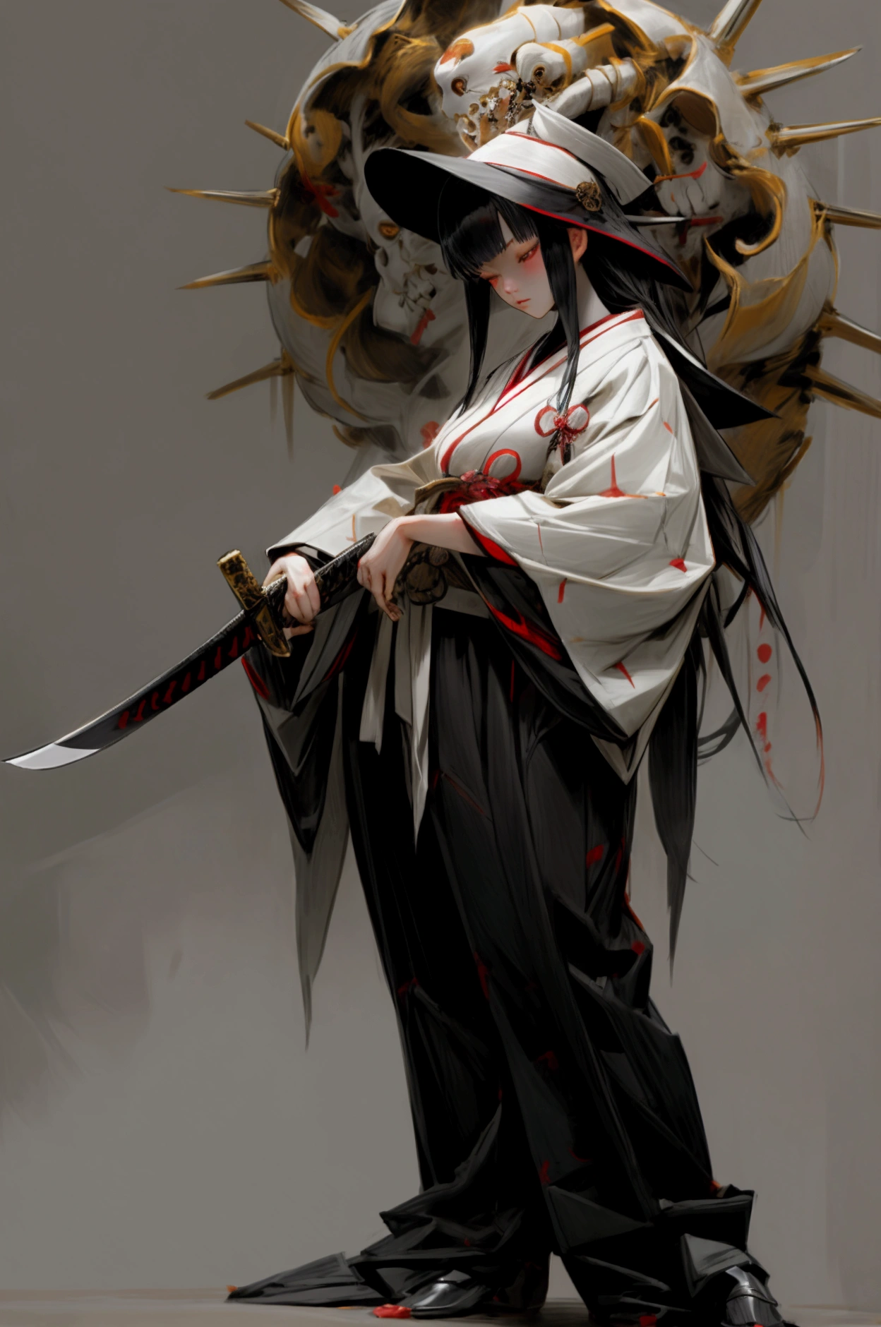 dark lighting, full body shot, realistic horror movie scene featuring a high school beautiful girl that looks like a real person. The girl is wearing a Japanese sailor suit and is holding an Japanese sword, The background is a typical Japanese high sclool with horror movie setting, style of Japanese horror films like 'Ju-on', --no expression