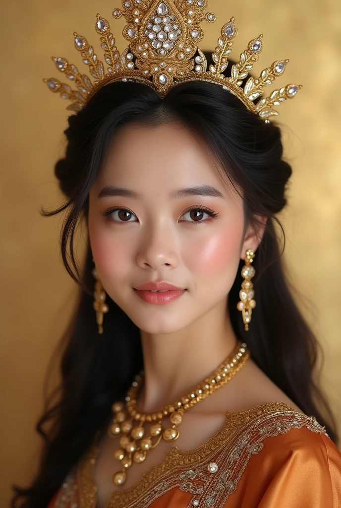 Photo of a beautiful young Thai woman wearing a copper-colored modified Thai dress decorated with gold and gems. Her hair is decorated with a gold crown decorated with gems. Her face is sweet with dark brown eyes and light pink lips. She wears a gold necklace and earrings. The background is light gold. The image is high definition and the lighting is soft. The photo was taken by a professional photographer.