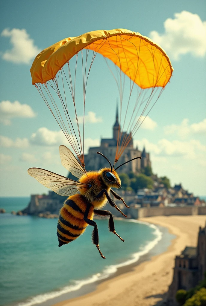 Une abeille qui saute en parachute au dessus du mont saint Michel 