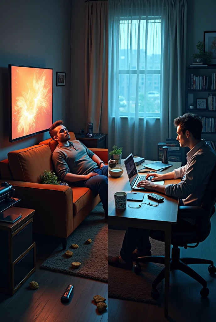 (photorealism:1.2) comparison of a lazy man binge watching and a productive man studying and working