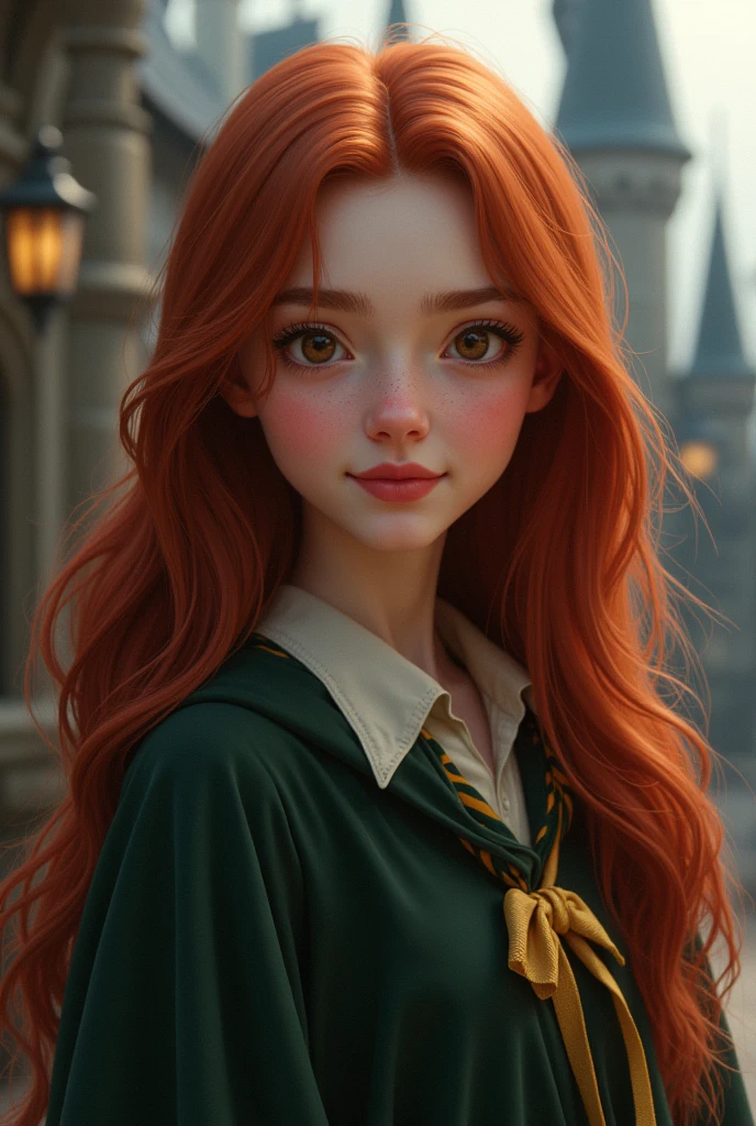 Hogwarts Witch, hairs( dark red,long to the waist shiny and soft) Skinned(pale ,and smooth ) cos(model and waisted average height) muka (feminine and soft square ,small-nose , round and symmetrical eyes in amber color ,pink heart shaped lips) robes (uniforme da Hufflepuff) innocent youthful appearance