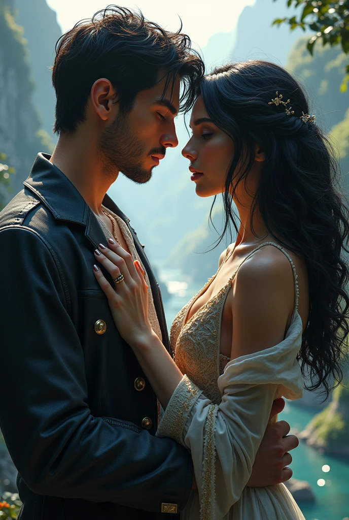 Love triangle two young beautiful man from fantasy world and beutiful young woman with jet black hair