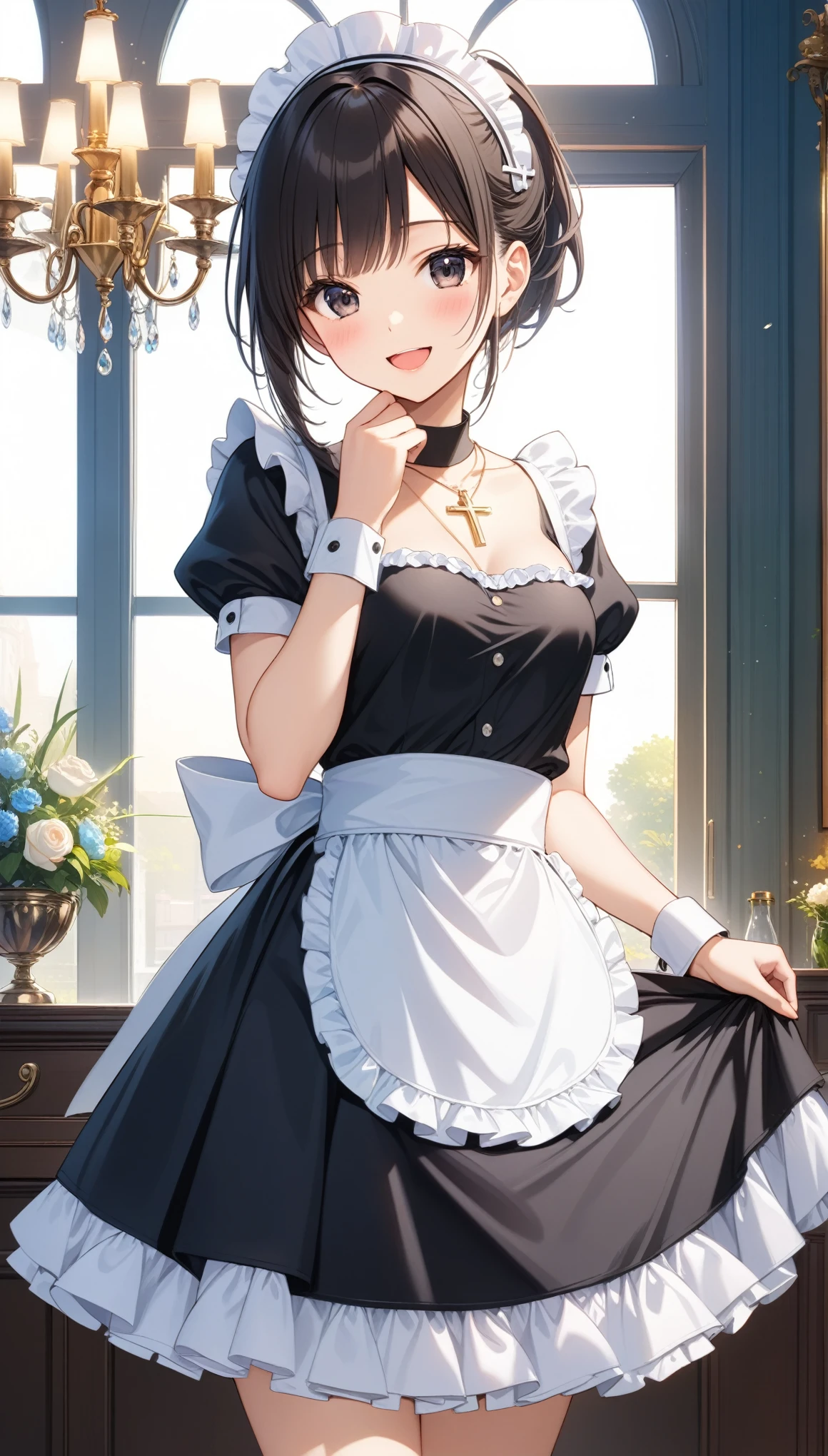 1girl, solo, breasts, looking at viewer, blush, smile, open mouth, bangs, black hair, dress, jewelry, standing, ponytail, short sleeves, :d, cowboy shot, small breasts, frills, puffy sleeves, indoors, hand up, necklace, black eyes, apron, black dress, puffy short sleeves, wrist cuffs, maid, maid headdress, window, frilled dress, cross, waist apron, white apron, maid apron, frilled apron, cross necklace, dress tug, chandelier, ((32k)), ((best quality)), ((ultra high res)), ((HDR)), ((UHD)), ((extremely detailed CG)), ((unity 32k wallpaper)),