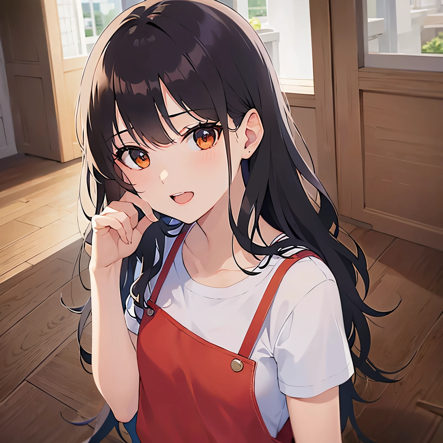 looking up, hand on own face、Biologically correct five fingers、thin arms、emaciated, (scrawny:1.3), (small:1.5) and (breasts)、Upper Body, Highest quality、masterpiece、(A 25-year-old woman with medium-length hair and bangs) and (wavy hair) and (brown hair) and (orange eyes) , Wearing a white T-shirt 、Red Apron、smile, open mouth, The background is the living room、Alone、Are standing、