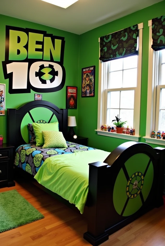 Create a detailed image of a children's bedroom featuring a custom Ben 10-themed bed. The bed design should prominently feature the green and black color scheme associated with Ben 10, with the Omnitrix symbol displayed on the headboard and footboard. The room should have wooden flooring and include related Ben 10 memorabilia like action figures and framed posters on the walls. The overall scene should be vibrant and adventurous, capturing the essence of the Ben 10 universe. The image size should be 180x180 pixels, ensuring clarity and detail in the small size.