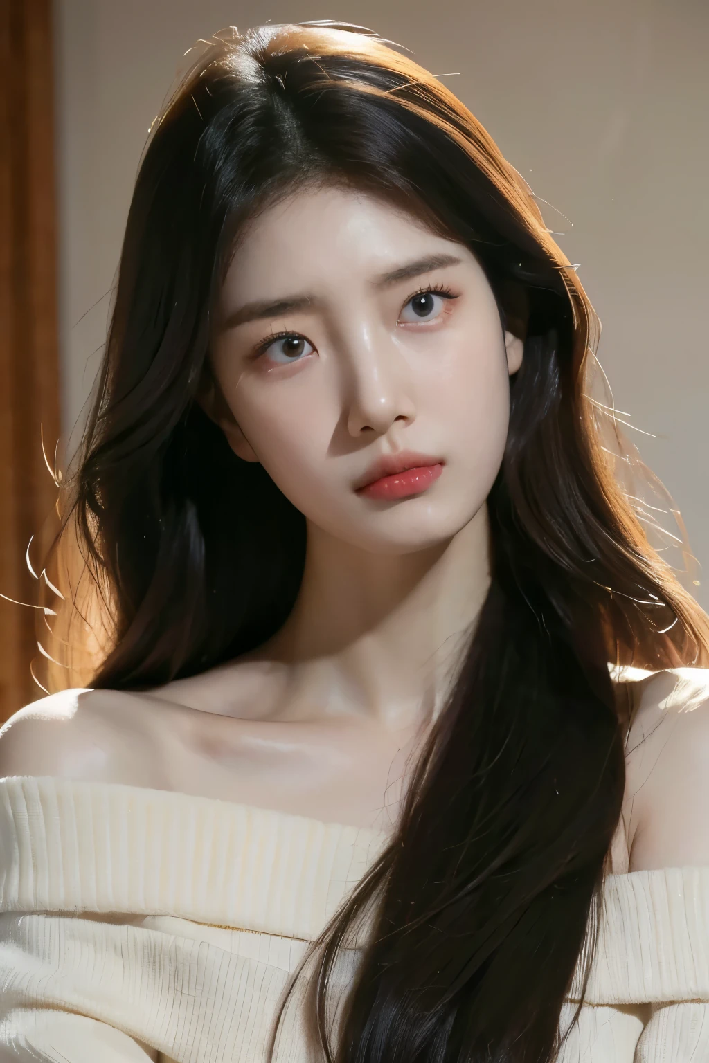 8K, masterpiece, RAW photos, best quality, realistic, depth of field, (very beautiful face, beautiful lips, beautiful eyes), best quality, masterpiece, ultra high resolution, (upper body shot:1.3), Original image, 1 woman, beige color Off shoulder, (beauty room:1.2),(cozy light), deep shadow, low tune, (she is very angry,:1.3) long gray hair, pretty, big bust, Korean girl, Korean, (wide angle shot:1.3),(she is waxing manager:1.3,(Frowning expression:1.2)