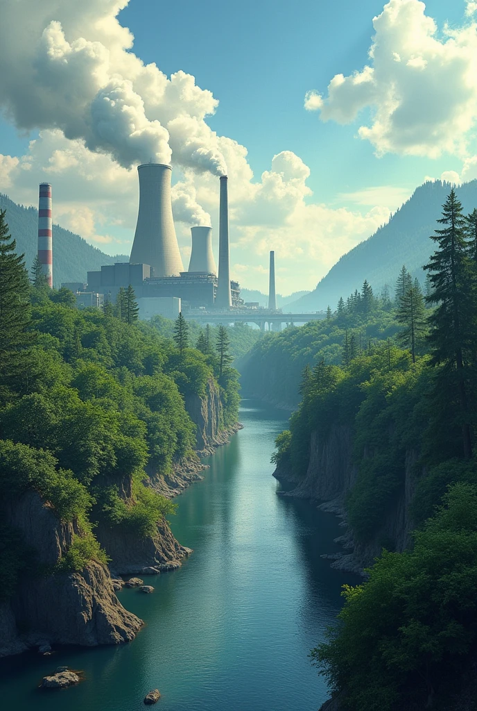 image, related to nuclear power plants. On one side of the text is an image of a factory and a dirty GREST, on the other hand, pure nature with a nuclear power plant.