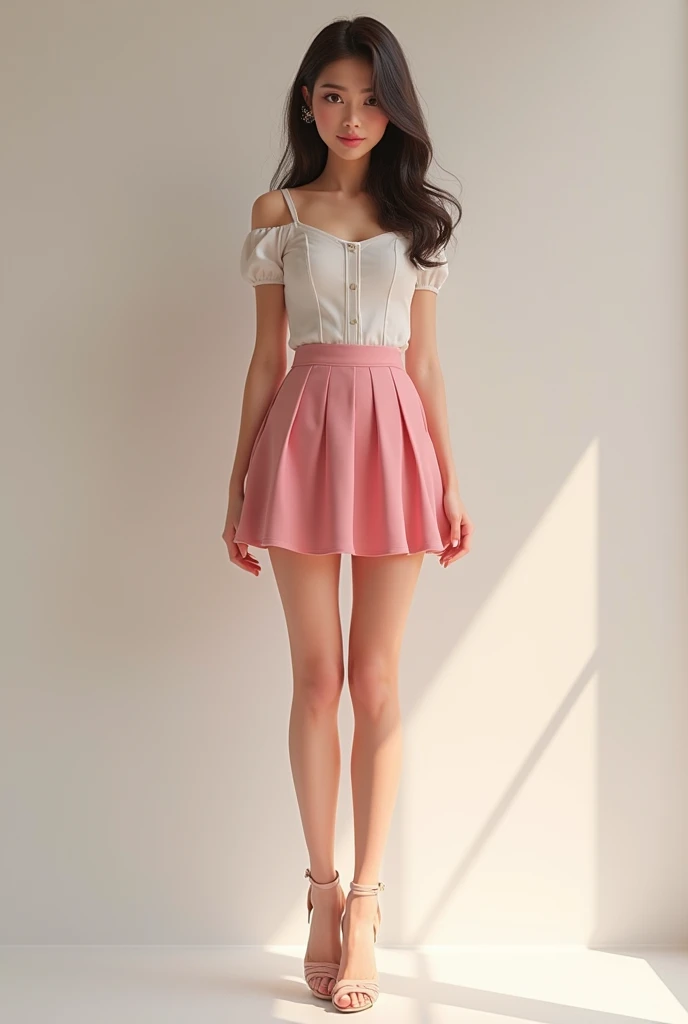 Korean girl with long dark hair, with white and pink school uniform, white fitted shirt and very short soft pink skirt, She is on her side and her ass looks very big as do her thick thighs. 