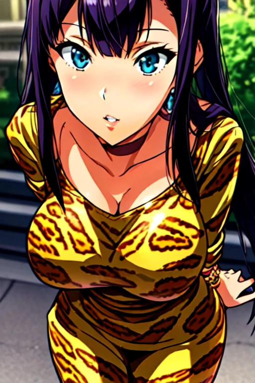 perfect eyes:1.2, detailed eyes:1.4, skindentation,leopard printed thin long sleeve one piece with v neck cleavage ,Skirt type one piece,Blue eyes, Purple hair, ((blunt bangs)), twin tail,Bare neck, 20yo, Young female, Beautiful Finger, Beautiful long legs, Beautiful body, Beautiful Nose, Beautiful character design, perfect balance, 1girl, solo, (masterpiece:1.6, best quality), 8k, insane details, intricate details, hyperdetailed, hyper quality, high detail, ultra detailed, professional, HDR, ray tracing reflection, cinematic lighting,Cleavage,Busty,Big breast,ear piercing,multistrand Love shaped necklace,Half eyes open,Eyeshadow,Thick lips,Bracelet,Long nail,Ring,black color Chocker,Gyaru,flashy heart shaped earring,outside,((carrying chain Leopard print purse bag)),1hand on hips,Face fully viewed,view from afar,Sitting in bench waiting with crossing leg,Monocolor outfit