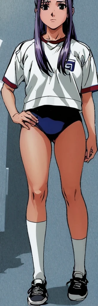 Momoko Koigakubo, a tall girl with beautiful legs, is standing with her legs spread to the sides in a white gym uniform and light navy blue bloomers that look like panties.。Oblique angle。