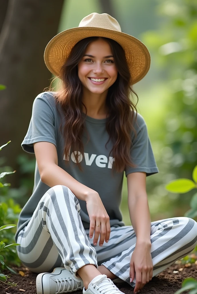 Female Subject - The image shows a young woman.Straw Hat - The woman is wearing a straw hat.T-shirt - The woman is wearing a gray T-shirt with "LOVER" written on it.Striped Pants - The woman is wearing white and gray striped pants.Sneakers - The woman is wearing white sneakers.Nature Background - The woman is sitting in an outdoor setting surrounded by trees.Expression - The woman has a smiling expression and a calm demeanor.