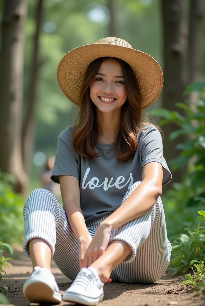 Female Subject - The image shows a young woman.Straw Hat - The woman is wearing a straw hat.T-shirt - The woman is wearing a gray T-shirt with "LOVER" written on it.Striped Pants - The woman is wearing white and gray striped pants.Sneakers - The woman is wearing white sneakers.Nature Background - The woman is sitting in an outdoor setting surrounded by trees.Expression - The woman has a smiling expression and a calm demeanor.