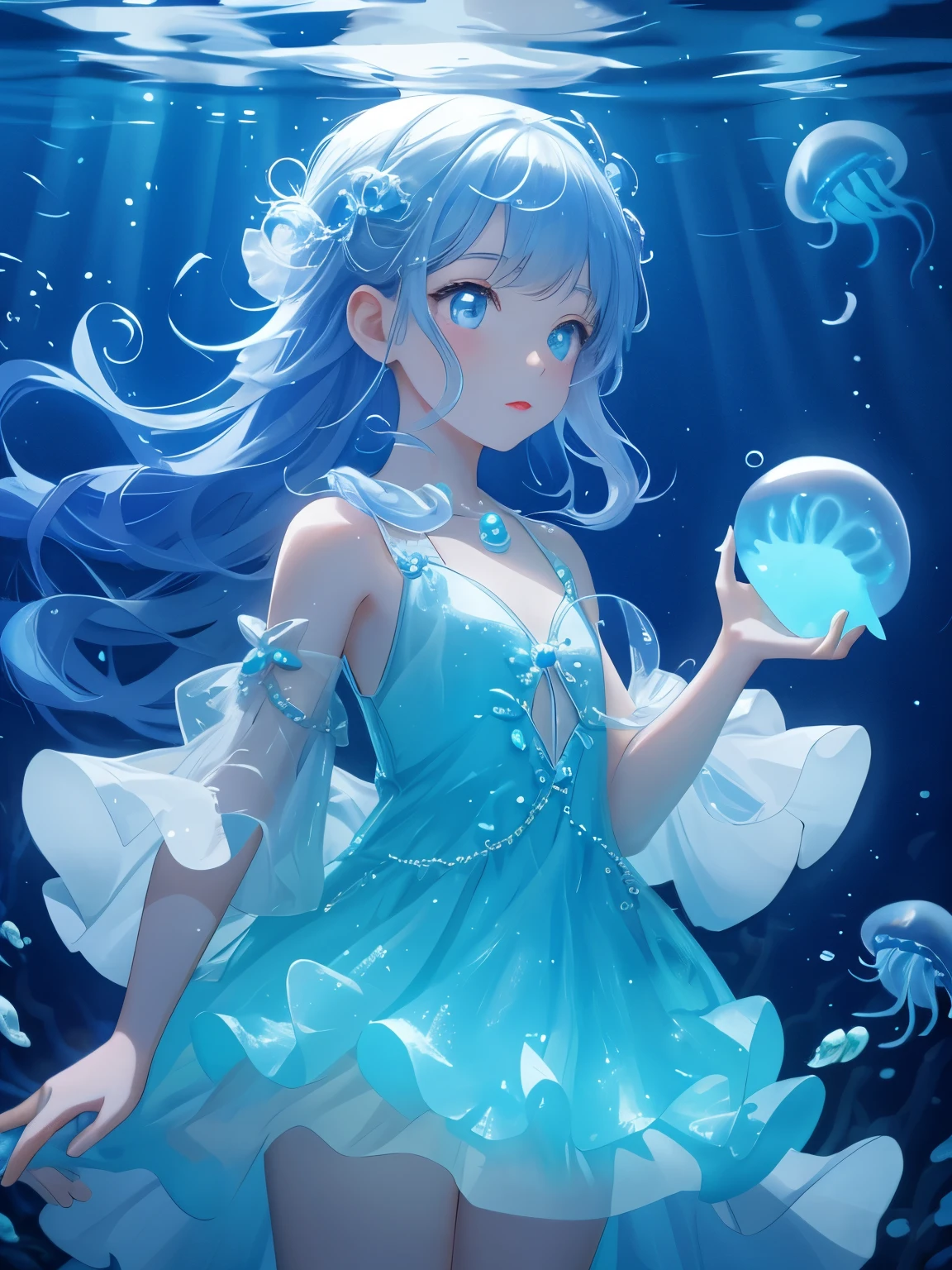 Underwater mysterious world, Magic world, glowing little jellyfish, Small fish, a girl in a transparent dress holds a glowing ball of a pearl in her hands, many small bubbles