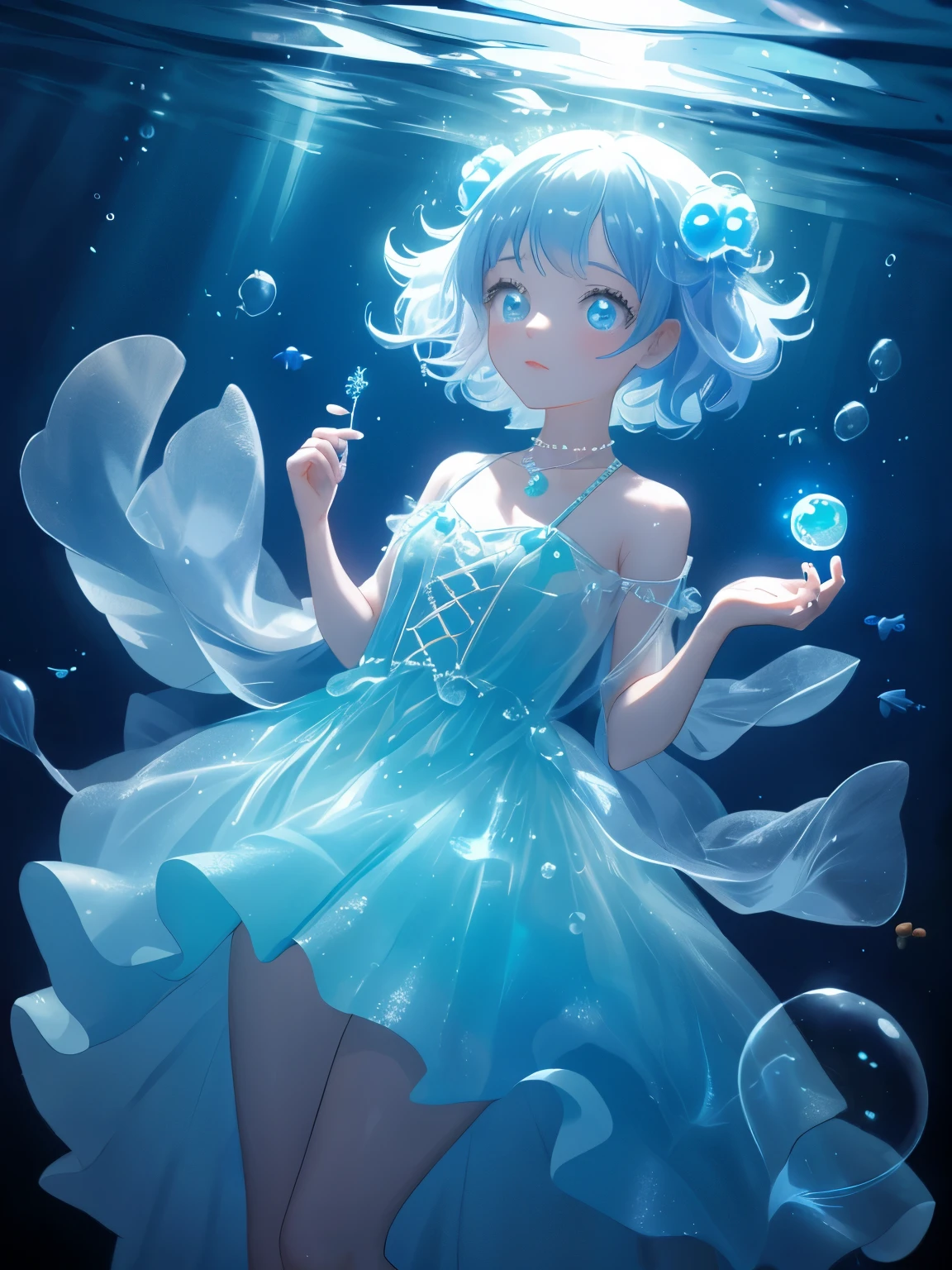 Underwater mysterious world, Magic world, glowing little jellyfish, Small fish, a girl in a transparent dress holds a glowing ball of a pearl in her hands, many small bubbles