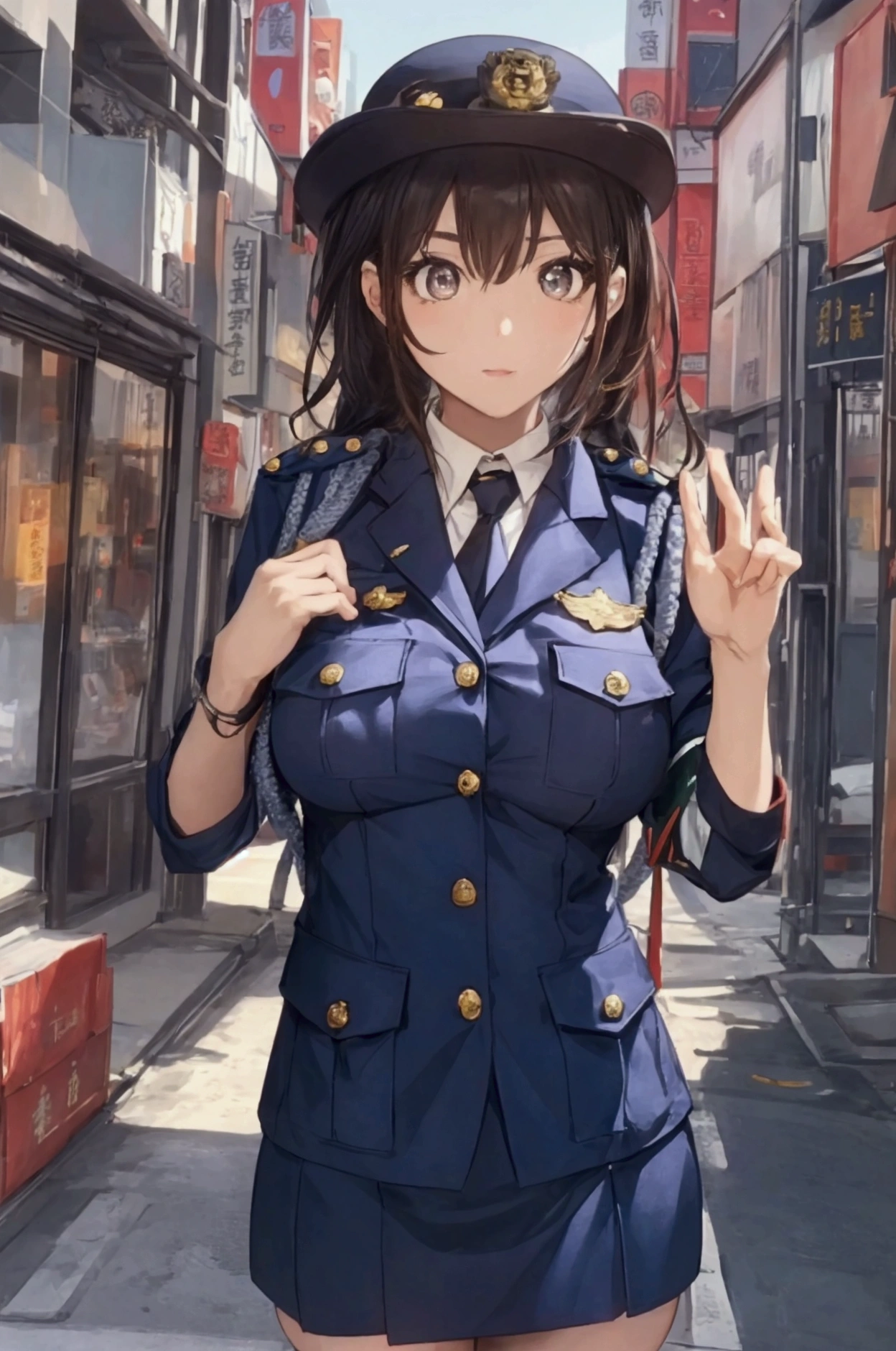(ultra highres、ultra quality、Masterpiece、8k、),A girl with light hair drawn in high resolution policewoman.japannse police woman、Young and cute 、Asian woman,s hot, Japanese Model, Cute Core, , Chubby 、(big breast)、Town、((I can see your chest)).blouse、sexly