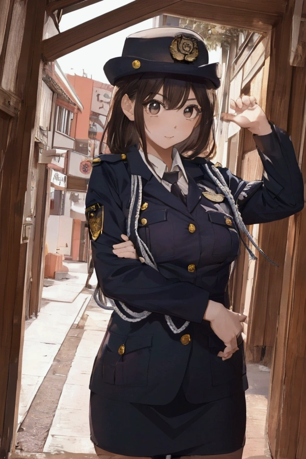 (ultra highres、ultra quality、Masterpiece、8k、),A girl with light hair drawn in high resolution policewoman.japannse police woman、Young and cute 、Asian woman,s hot, Japanese Model, Cute Core, , Chubby 、(big breast)、Town、((I can see your chest)).blouse、sexly