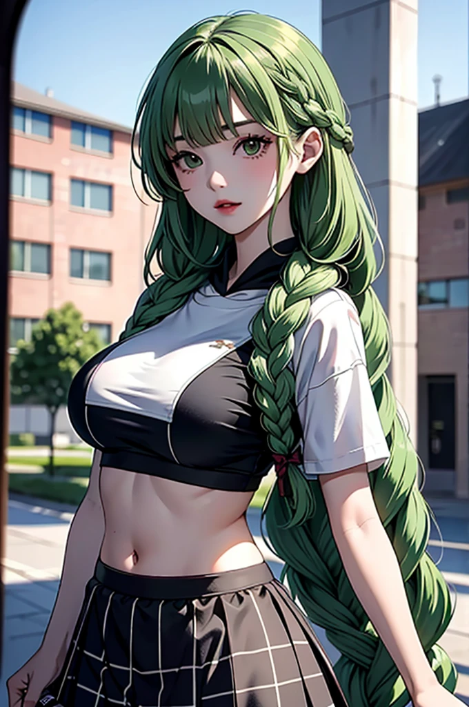 （masterpiece，highest quality），crop top look，Short sleeve hoodie， (Black skirt with gingham check)，big breasts, green haired, 2 long thick braids, bangs, condoms 