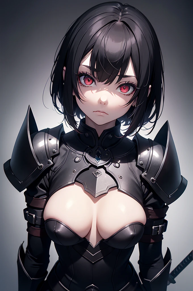 (digital painting),(best quality), masterpiece, 8k resolution, (dark background:1.4), anime girl, one girl, solo, goth girl, pale skin, medium breast seducing, dressed, (sad face: 1.2), big eyes, (red eyes:1.2), very detailed eyes, cute girl, short hair, black hair, black knight armour, sword on the back, dynamic lighting, deep shadows, view from above, head tilted back, looking upwards, wide-langle lens distortion