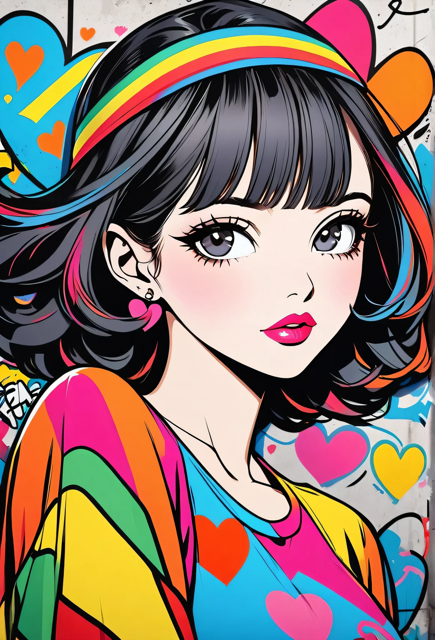 Ultra-realism Keith Haring colorful style, Simple Line Initialism，Abstract art，(((The most beautiful girl of all time))), Sweet face. Lips in love, colorful hearts, stylish design, Summer beach fashion, Dark Eyes, Graffiti on the wall