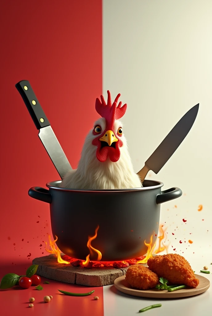 A red and white background, a pot with a fire underneath and a live funny chicken inside the pot, a crossed two knifes on the top, a fried chicken on aside