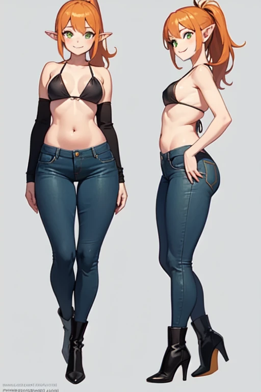 (High definition) (masterpiece), Young elf girl, wide hips, small breasts, slender body, big thighs, beautiful legs, medium orange hair, tanned skin, green eyes, wearing black bikini top, jeans pants, heels boots with ponytail, relaxed pose, smiling, full body, simple background