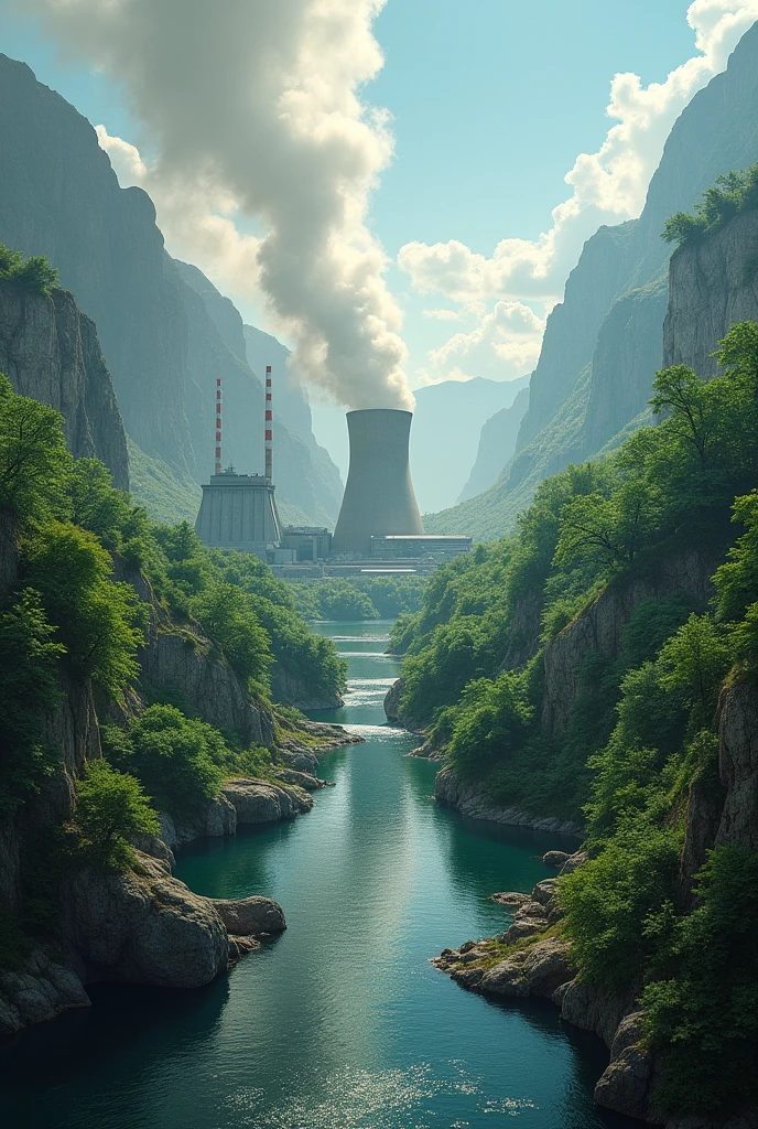 image, related to nuclear power plants. On one side of the text is an image of a factory and a dirty GREST, on the other hand, pure nature with a nuclear power plant.
