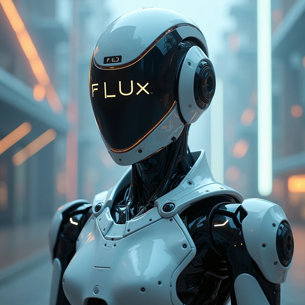 A futuristic robot with a soft glow from the giant letters “FLUX” on the helmet screen. Highly detailed hard surface rendering