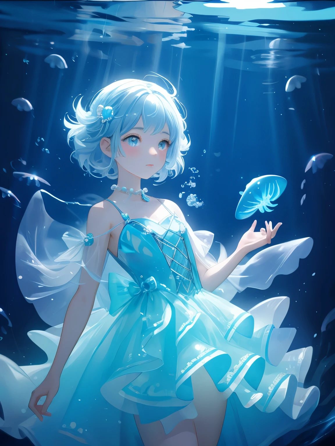 Underwater mysterious world, Magic world, glowing little jellyfish, Small fish, a girl in a transparent dress holds a glowing ball of a pearl in her hands, many small bubbles