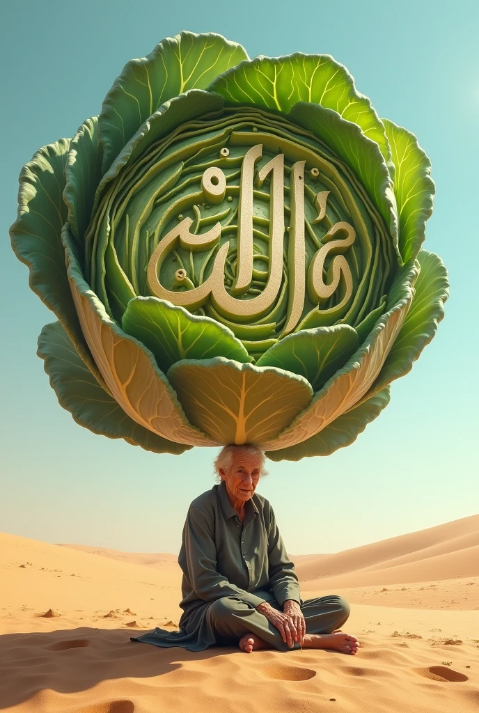 There is a very big cabbage. A person sitting inside that cabbage is writing Allah Hu in very big letters and that cabbage is also placed on the head of an old woman who is 140 years old and there is no water present there. There is only desert. Make a good image and show us.