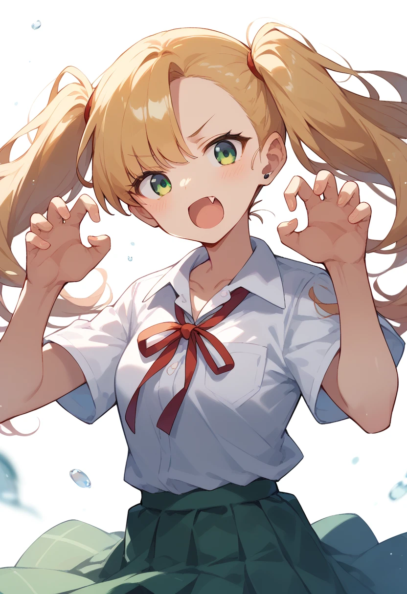 masterpiece, (score_9,score_8_up,score_7_up,score_6_up), 1 girl, green eyes, little sassy, bitch / cockslut / whore, skinny, tsurime, asymmetrical bangs, twintails, (blond hair:1.3), (school uniform), (white collared shirt, plain pattern shirt, short sleeves, shirt tucked in:1), (red plain pattern narrow neck ribbon:1.2), brown loafers, white loose socks ,indian style,claw pose,jitome,open mouth , fang,