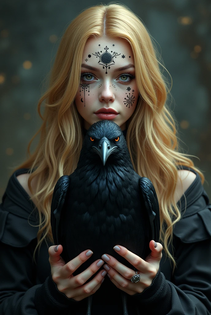 Creer moi une photo portrait d’une sorcière au cheveux blond, avec des motifs de sorcière sur le visage. Elle tient un corbeau dans les mains