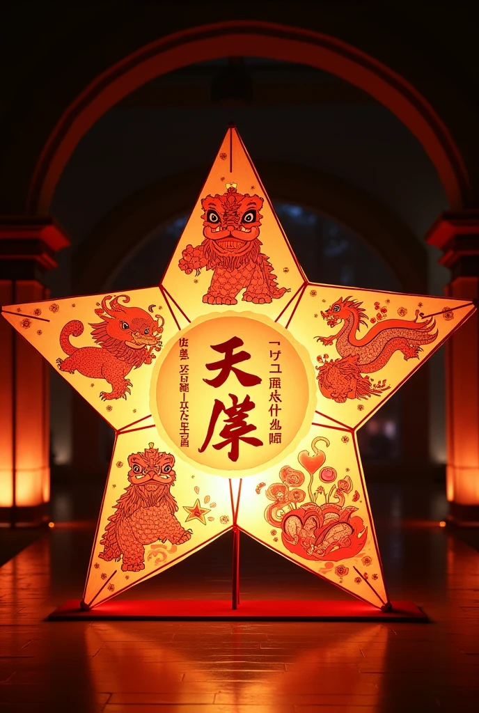 

"I want a five-pointed star-shaped Mid-Autumn Festival lantern, with each point featuring a different image: a lion dance, the Pink Moon Festival logo, the 5/12 Sub-association logo, the slogan 'Illuminate for Children,' and the date '11-12/9 at the Hanoi University of Public Health.'"