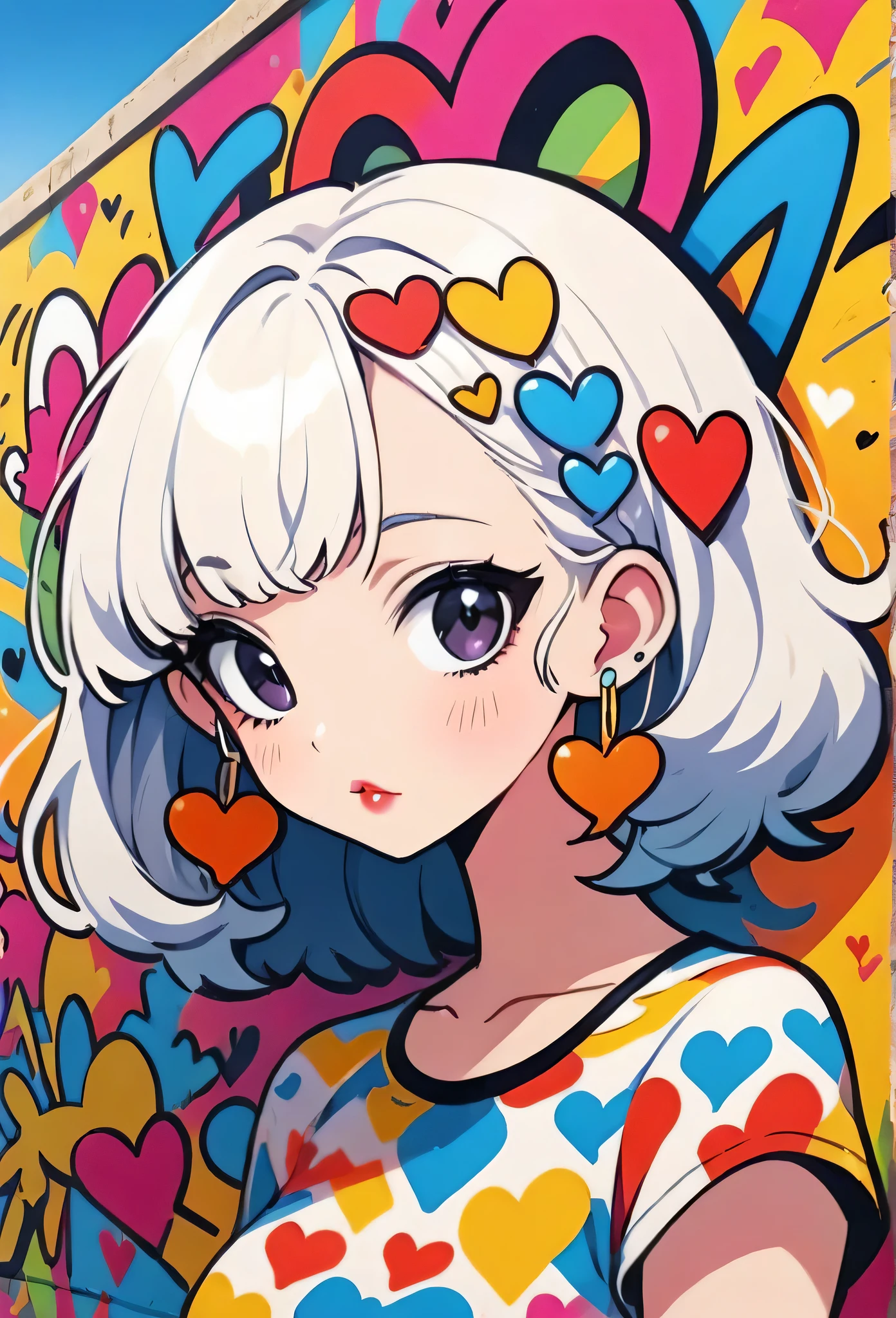 Ultra-realism Keith Haring colorful style, Simple Line Initialism,Abstract art,(((The most beautiful girl of all time))), Sweet face. Lips in love, colorful hearts, stylish design, Summer beach fashion, Dark Eyes, Graffiti on the wall
