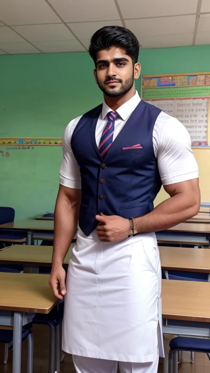 Handsome muscular AARAV GURJAR 1 in school uniform, standing in classroom with girls, he is girls favorite