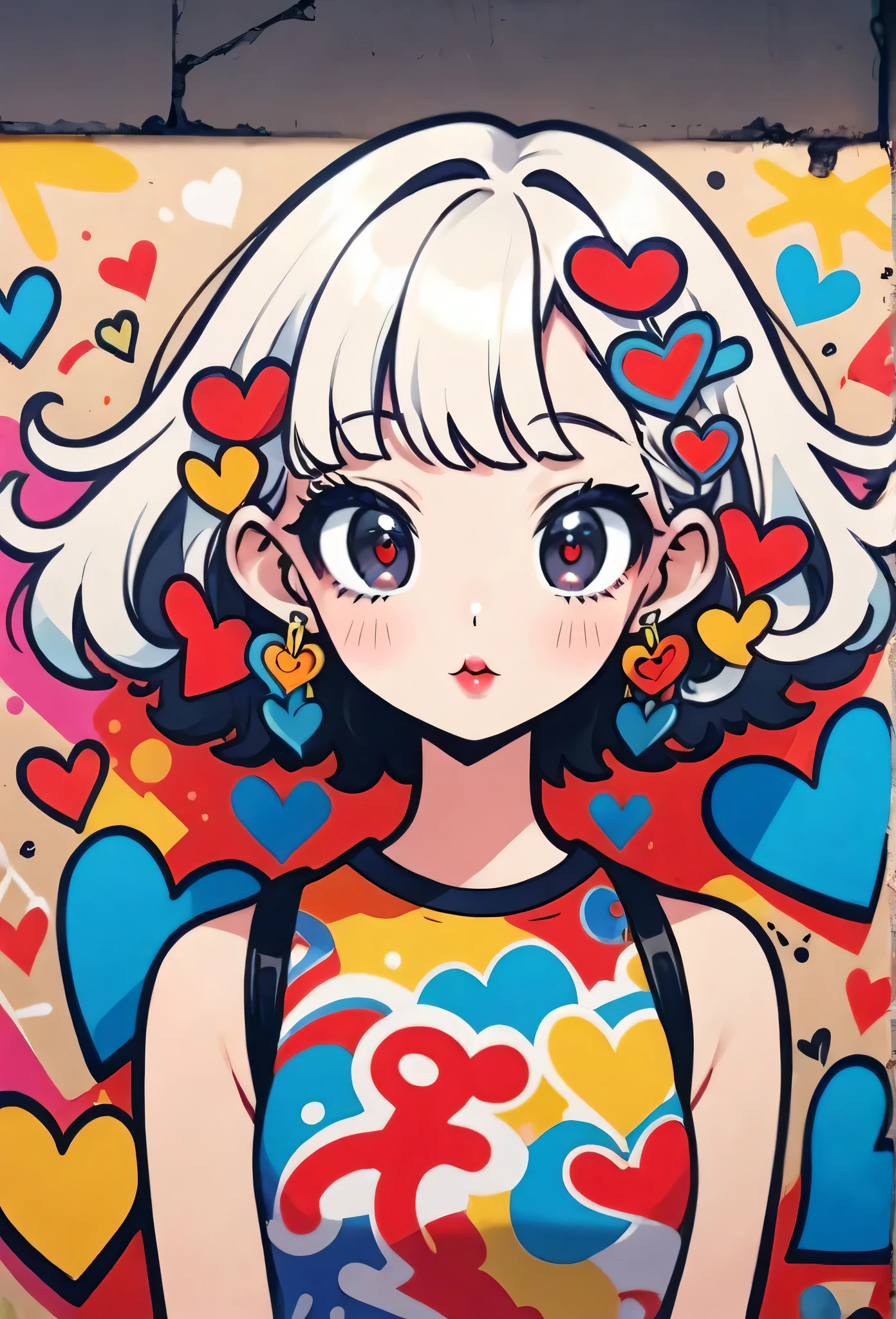 Ultra-realism Keith Haring colorful style, Simple Line Initialism,Abstract art,(((The most beautiful girl of all time))), Sweet face. Lips in love, colorful hearts, stylish design, Summer beach fashion, Dark Eyes, Graffiti on the wall