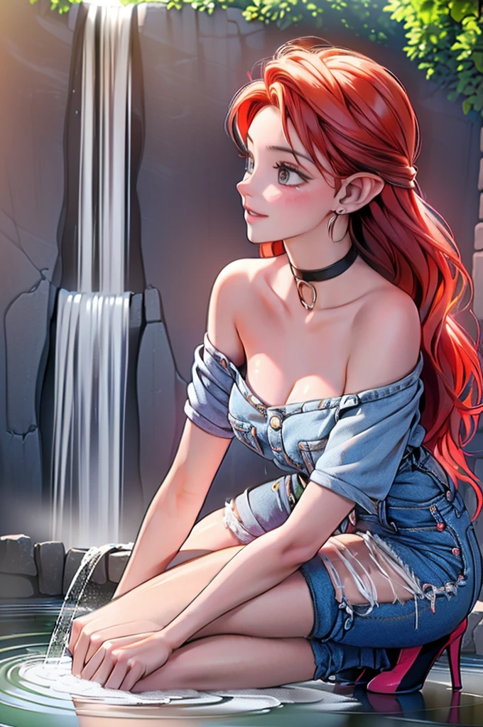 
(large breasts 1.4), beautiful elf woman, ((Short Red Hair: 1.6, straight with shine)), bright blue eyes, bright eyes, double eyelids, light effect on eyes, detailed irises, sexy, curvy body, glasses,(( off the shoulder black tee shirt no logo or words: 1.6, choker, tiny denim shorts, black high heels, legs exposed,)) ((micro denim shorts, edgy sexy, Beautiful and cool, shorts)), ((Wet Clothes)) ((work of art, hyper-realistic, hyper detailed, Best quality, 16k, light and shadow on skin, vivid colors), eyeliner, Thin eyebrows, Sensual expression, perfect lips, sexy mature face, ((skin with light and shadow) flirting seductively with the viewer, lots of freckles, full lips, extreme blush, smile, ((kneeling on knees under a waterfall, washing hair)), daytime, noon, rays of light, masterpiece, ((Hands washing hair: 1.6, biting lower lip)) ((View from side)),