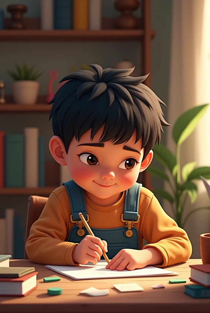 A nine year old boy working on a task at home with the support of his parents, showing gradual improvement.