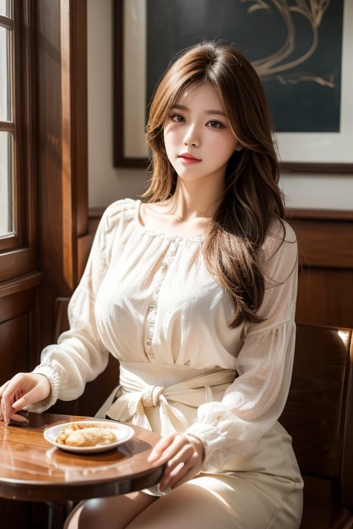 A stunning masterpiece of a beautiful woman sitting on the charming terrance of a lovely cafe at high noon. She wears a exquisite blouse that accentuates her curves as she sits with a gentle gaze, her light brown messy hair framing her face. The 8k wallpaper-quality image is filled with finer details, showcasing a perfect dynamic composition that draws the viewer's eye to her captivating eyes, shining like stars in the soft afternoon light.